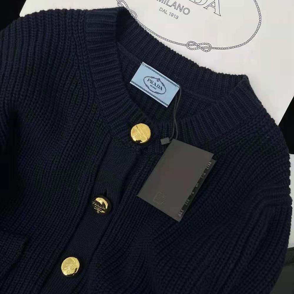 Side angle showing tailored fit of Prada Wool Cardigan black sweater