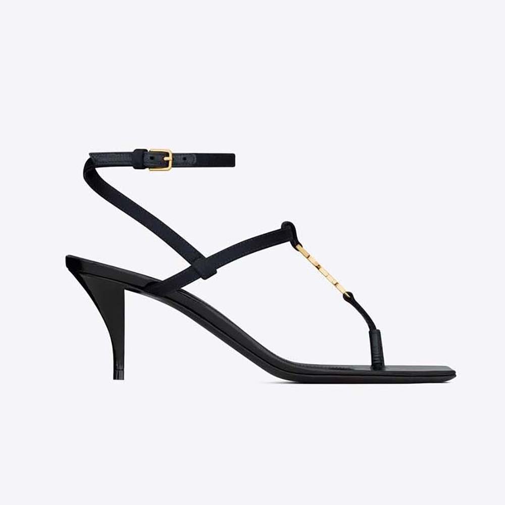 Front view of Saint Laurent YSL Women Cassandra Sandals in silk satin black