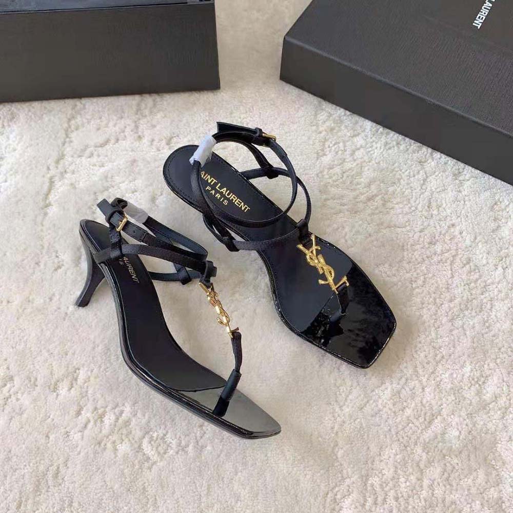 Side profile showing slim high heel of Saint Laurent YSL Cassandra Sandals
