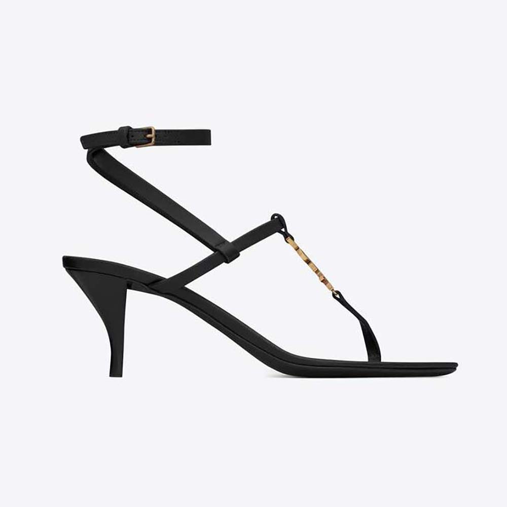 Side view of Saint Laurent YSL Women Cassandra Sandals in Smooth Leather-Black