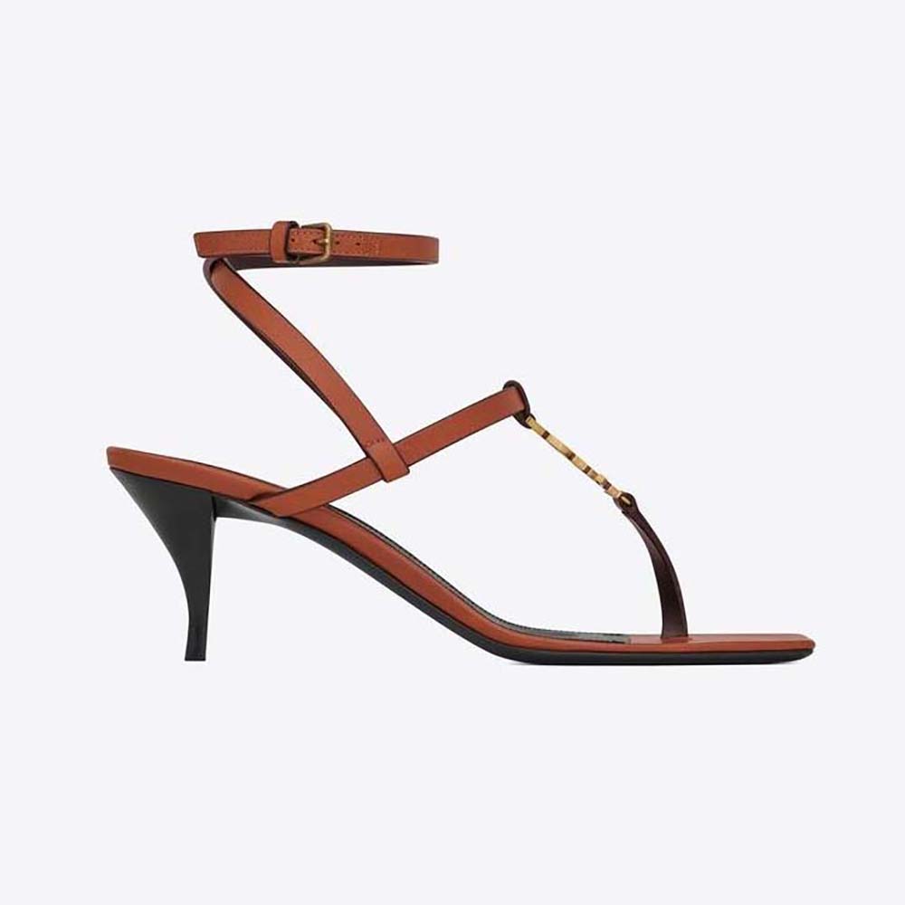 Side view of Saint Laurent YSL Women Cassandra Sandals in Smooth Leather-Brown