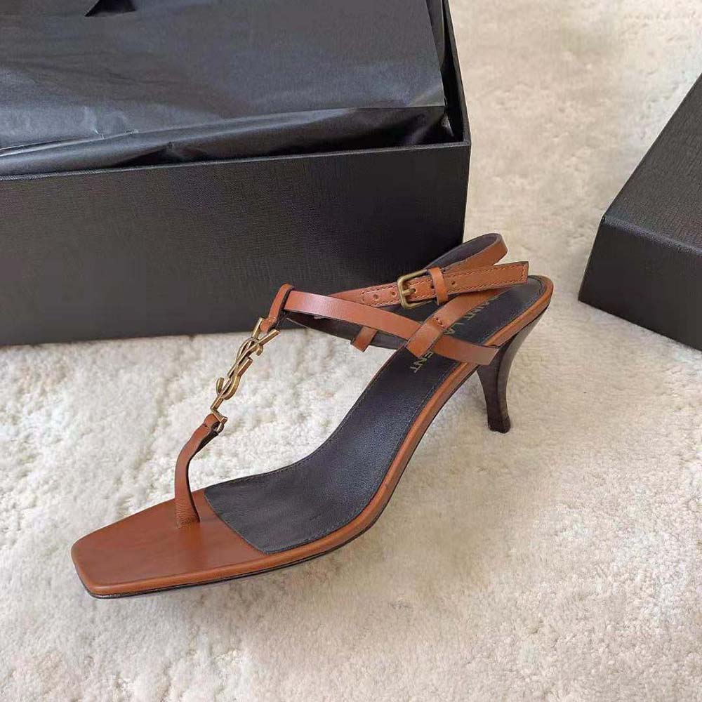 Saint Laurent YSL Women Cassandra Sandals in Smooth Leather-Brown - image 5