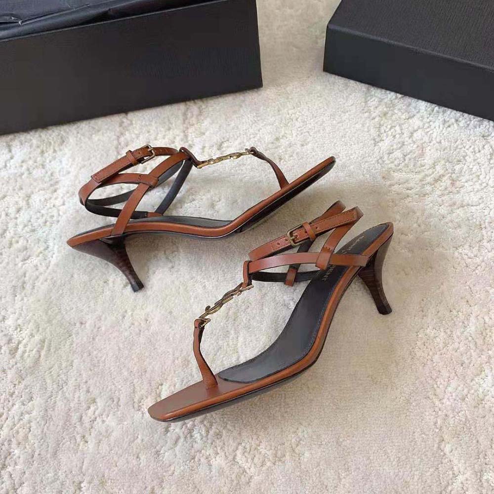 Saint Laurent YSL Women Cassandra Sandals in Smooth Leather-Brown - image 4