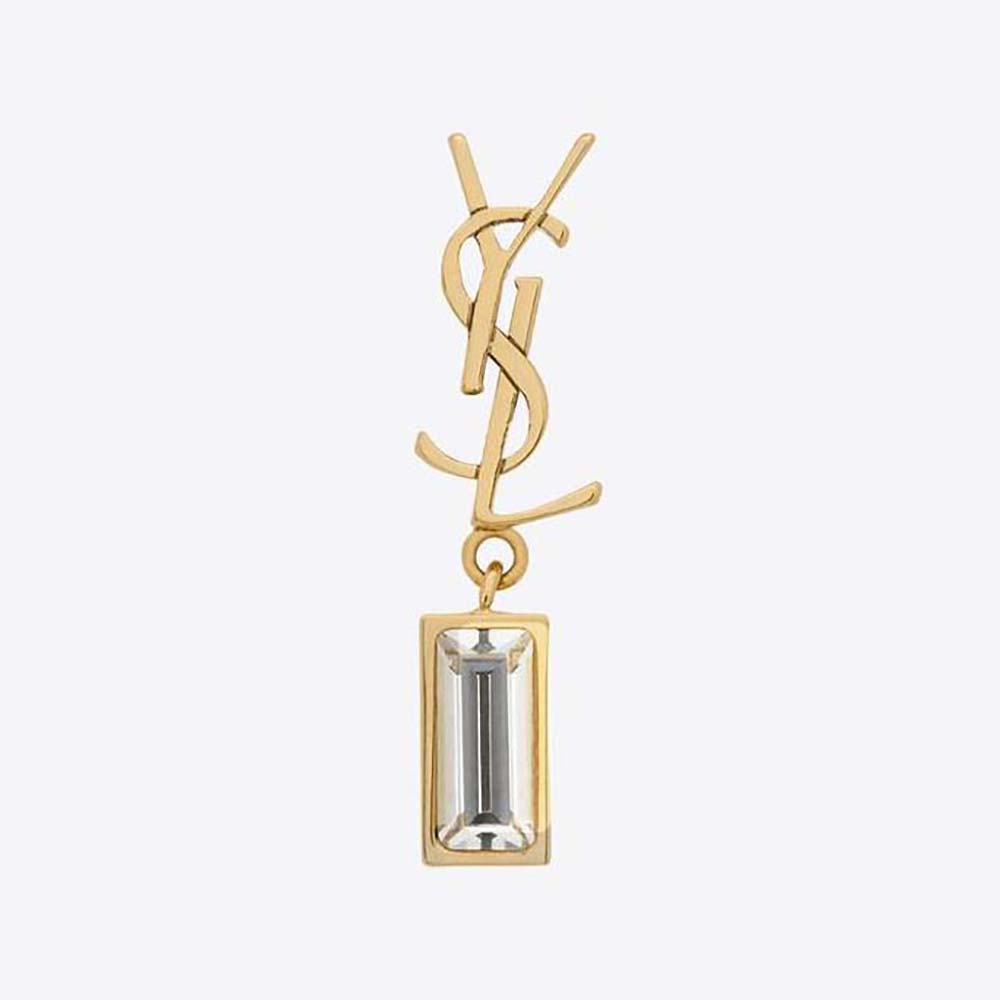 Close-up front view of Saint Laurent YSL Women Cassandre Single Earring gold and rhinestones