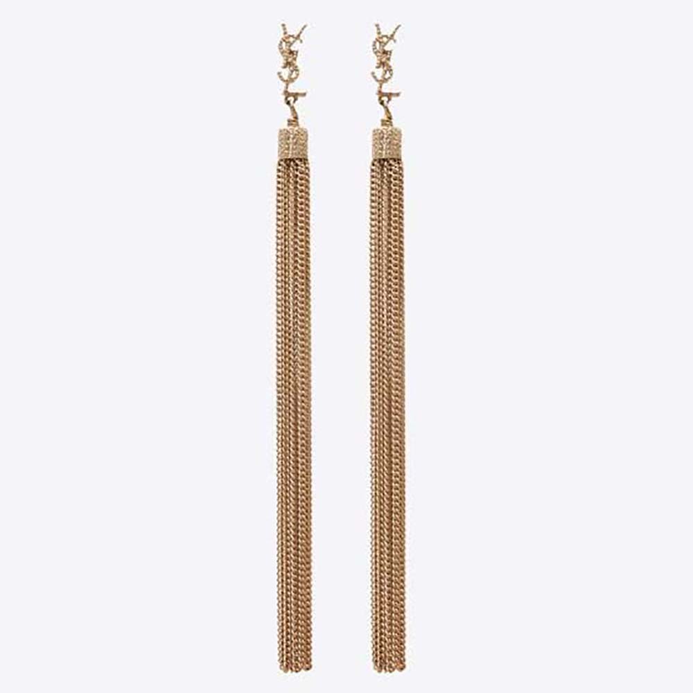Front view of Saint Laurent YSL Women Loulou Earrings with chain tassels