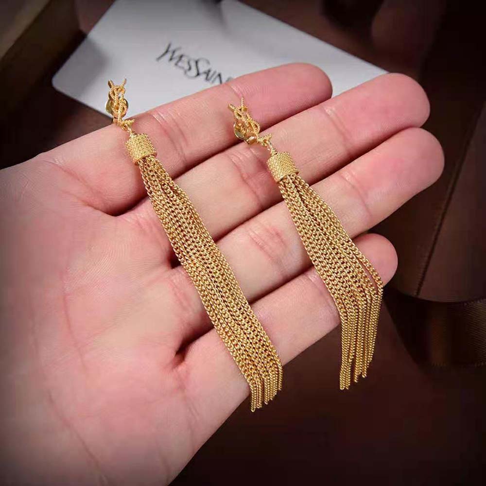 Side angle showing chain tassels detail on Saint Laurent YSL Women Loulou Earrings