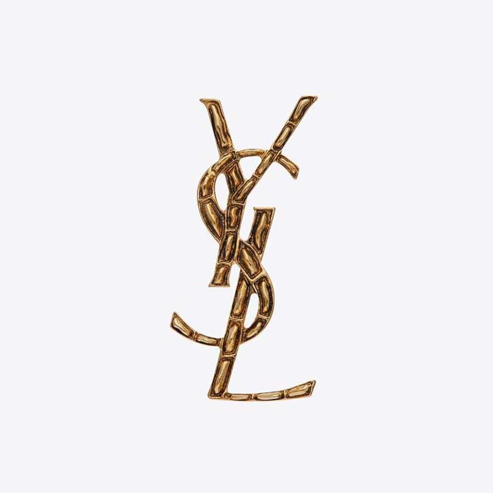 Close-up of Saint Laurent YSL Women Opyum YSL Crocodile Brooch gold brass texture