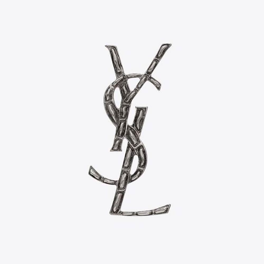 Front close-up of Saint Laurent YSL Women Opyum YSL Crocodile Brooch in Silver Brass