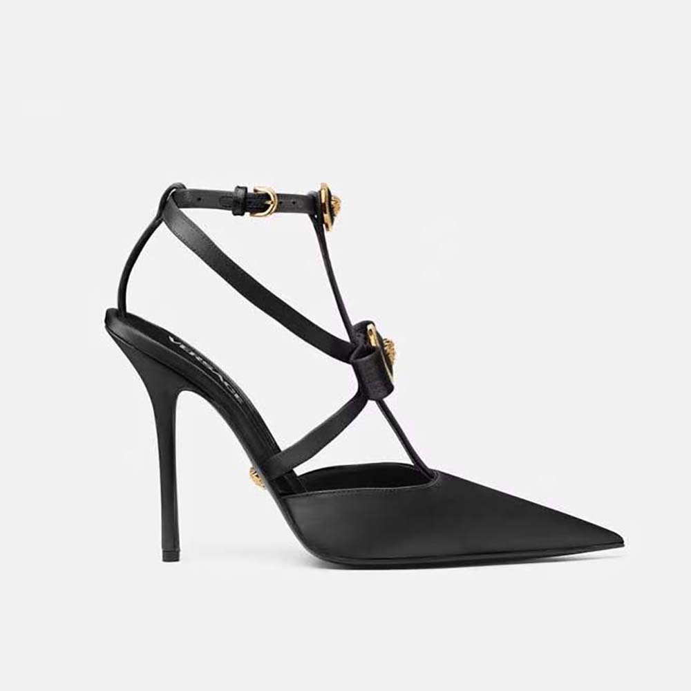 Side view of Versace Women Gianni Ribbon Cage Satin Pumps-Black