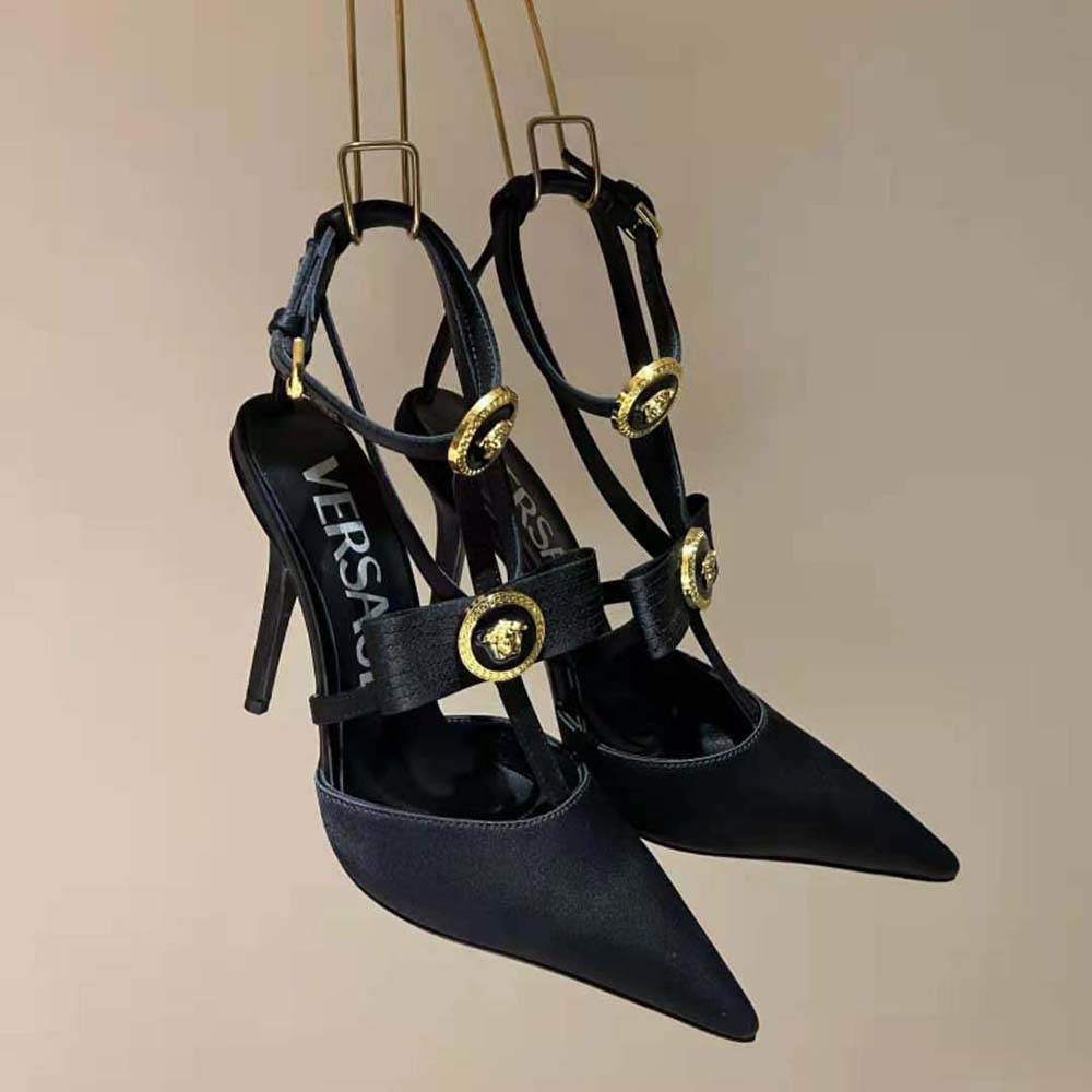 Versace Women Gianni Ribbon Cage Satin Pumps-Black - image 5