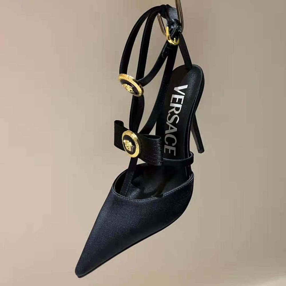 Versace Women Gianni Ribbon Cage Satin Pumps-Black - image 6