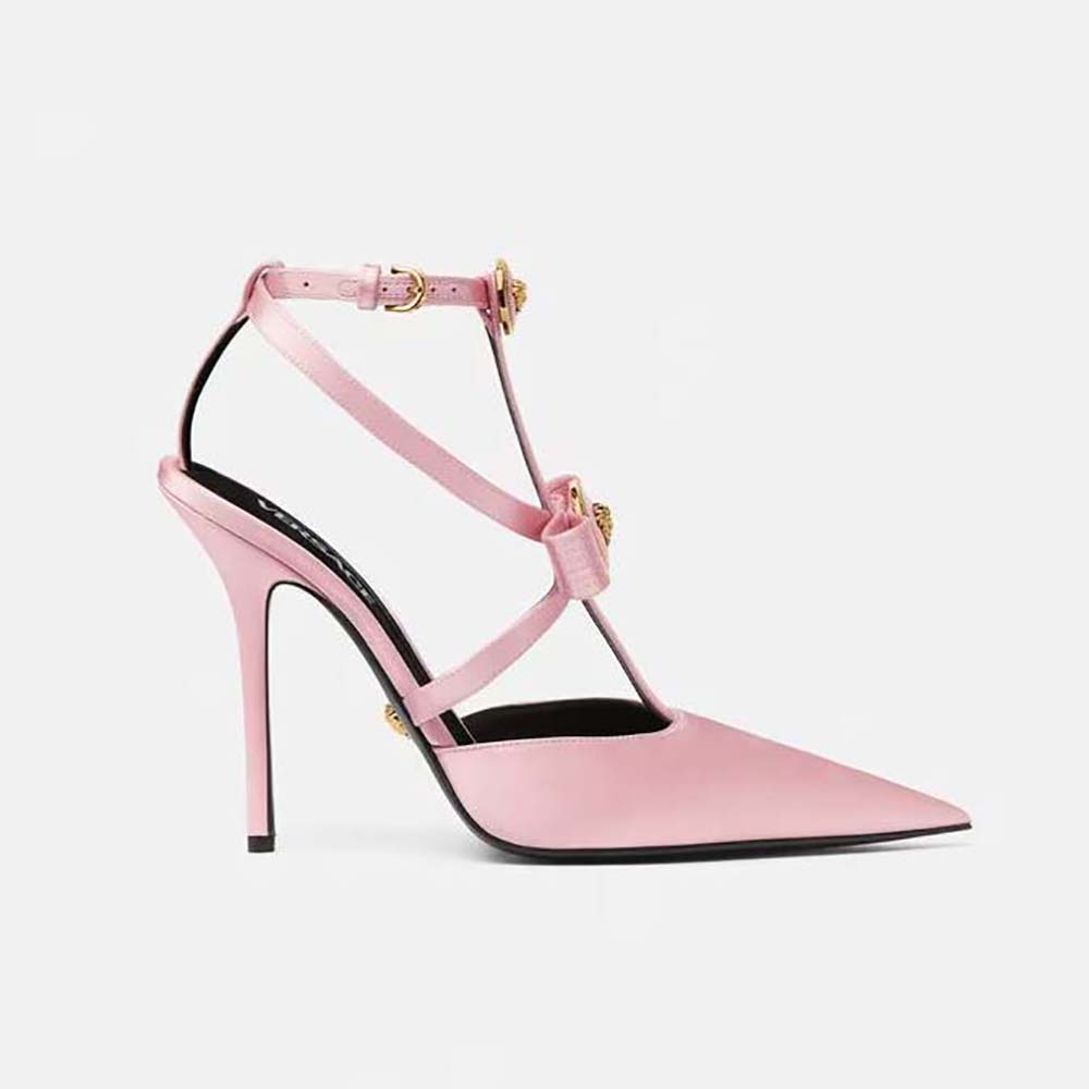 Side view of Versace Women Gianni Ribbon Cage Satin Pumps-Pink showing heel height