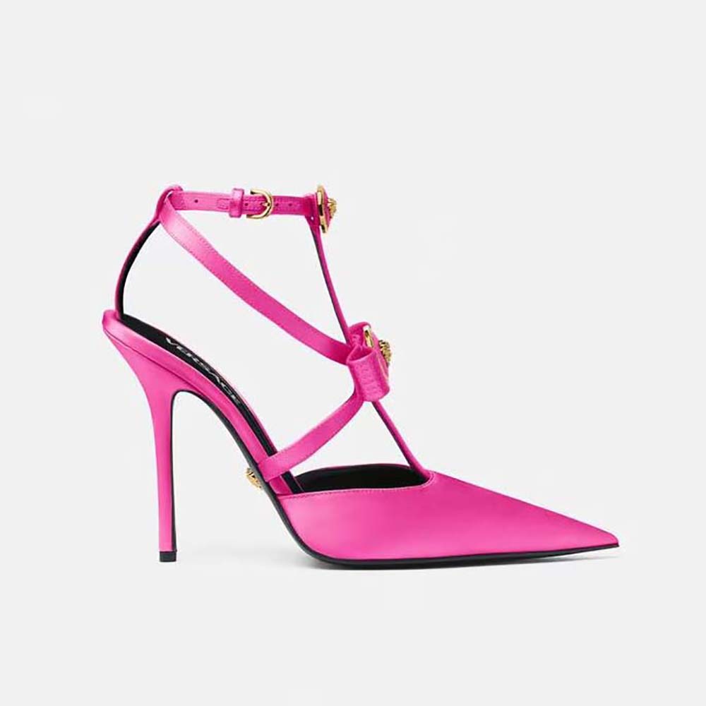 Side angle of Versace Women Gianni Ribbon Cage Satin Pumps-Rose showing cage detail