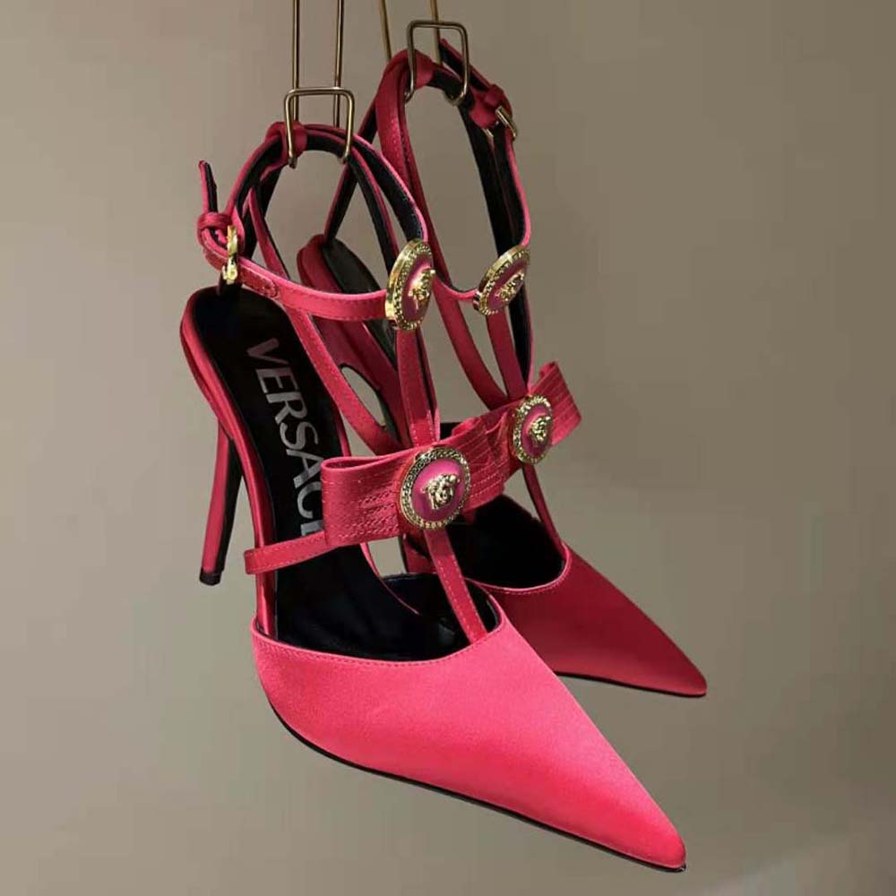 Versace Women Gianni Ribbon Cage Satin Pumps-Rose - image 5