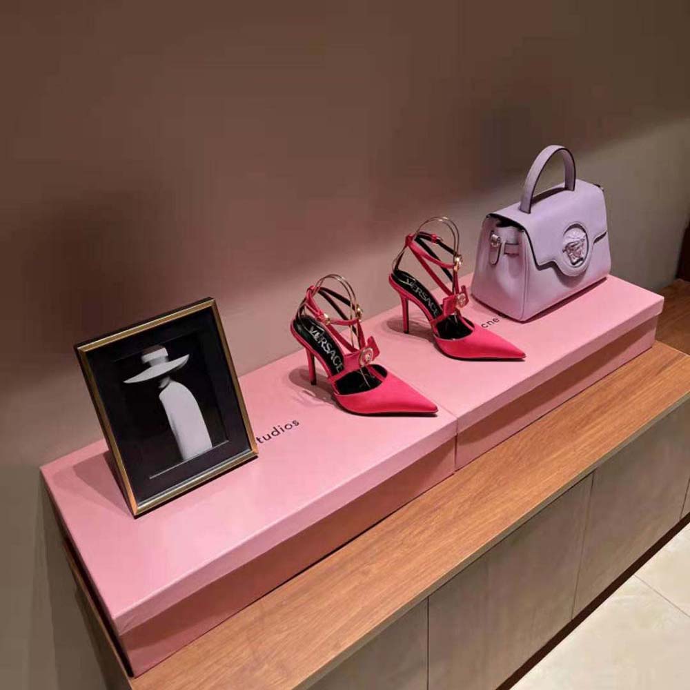 Versace Women Gianni Ribbon Cage Satin Pumps-Rose - image 4