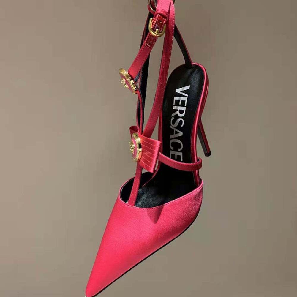 Versace Women Gianni Ribbon Cage Satin Pumps-Rose - image 6