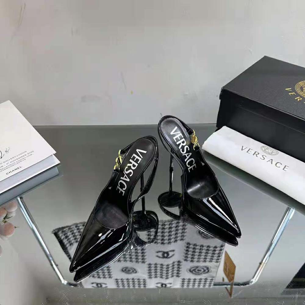Rear angle highlighting adjustable slingback strap on Versace Women Medusa ’95 Slingback Pumps-Black