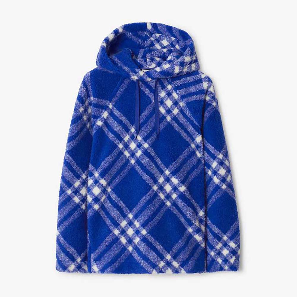 Front view of Burberry Women Check Fleece Hoodie-Blue with hood up