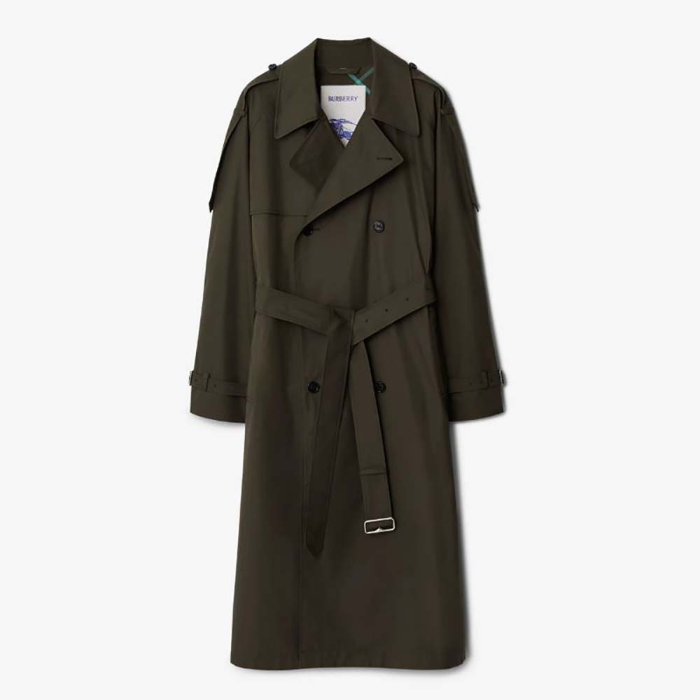 Front view of Burberry Men Long Castleford Trench Coat-Green highlighting silhouette