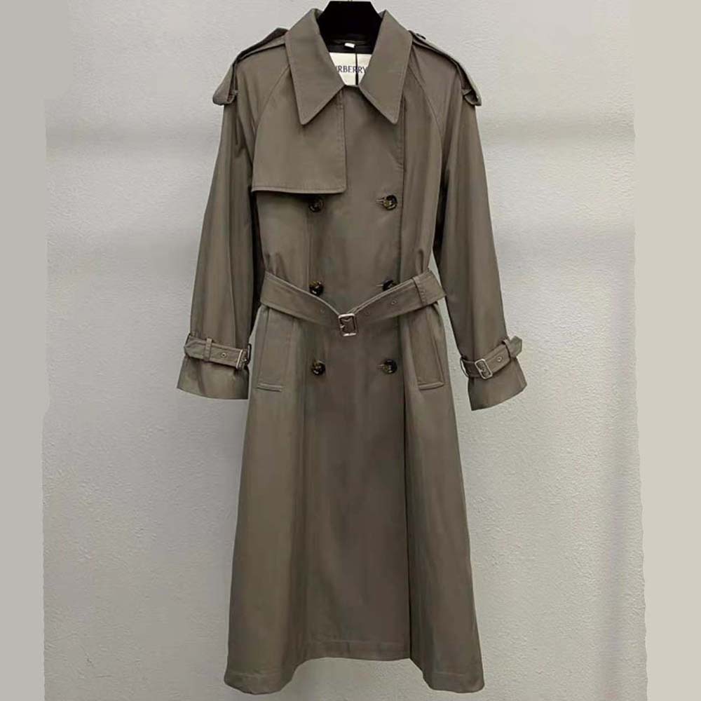 Side angle of Burberry Men Long Castleford Trench Coat-Green with button and belt details