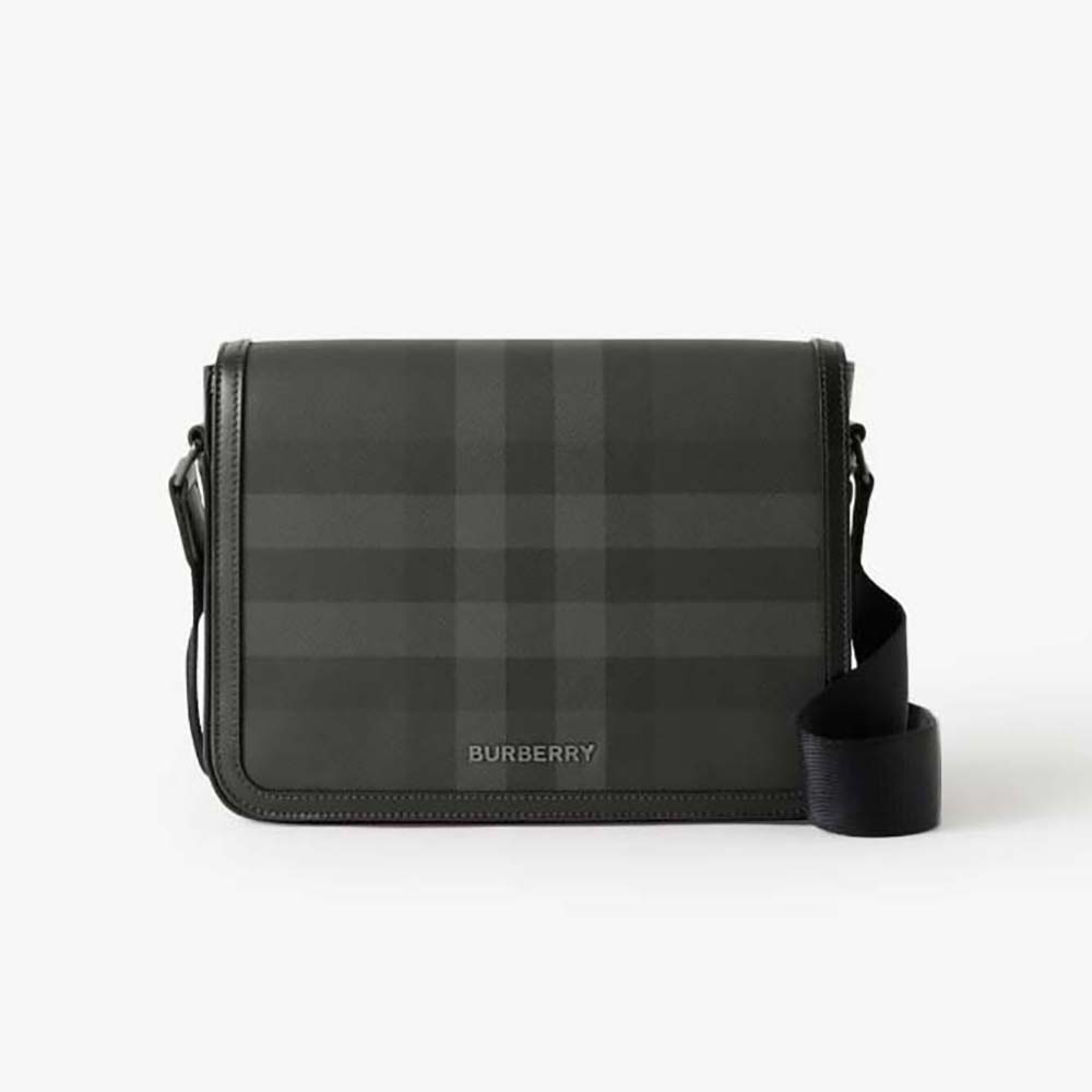 Front view of Burberry Men Small Alfred Messenger Bag-Black with flap closed
