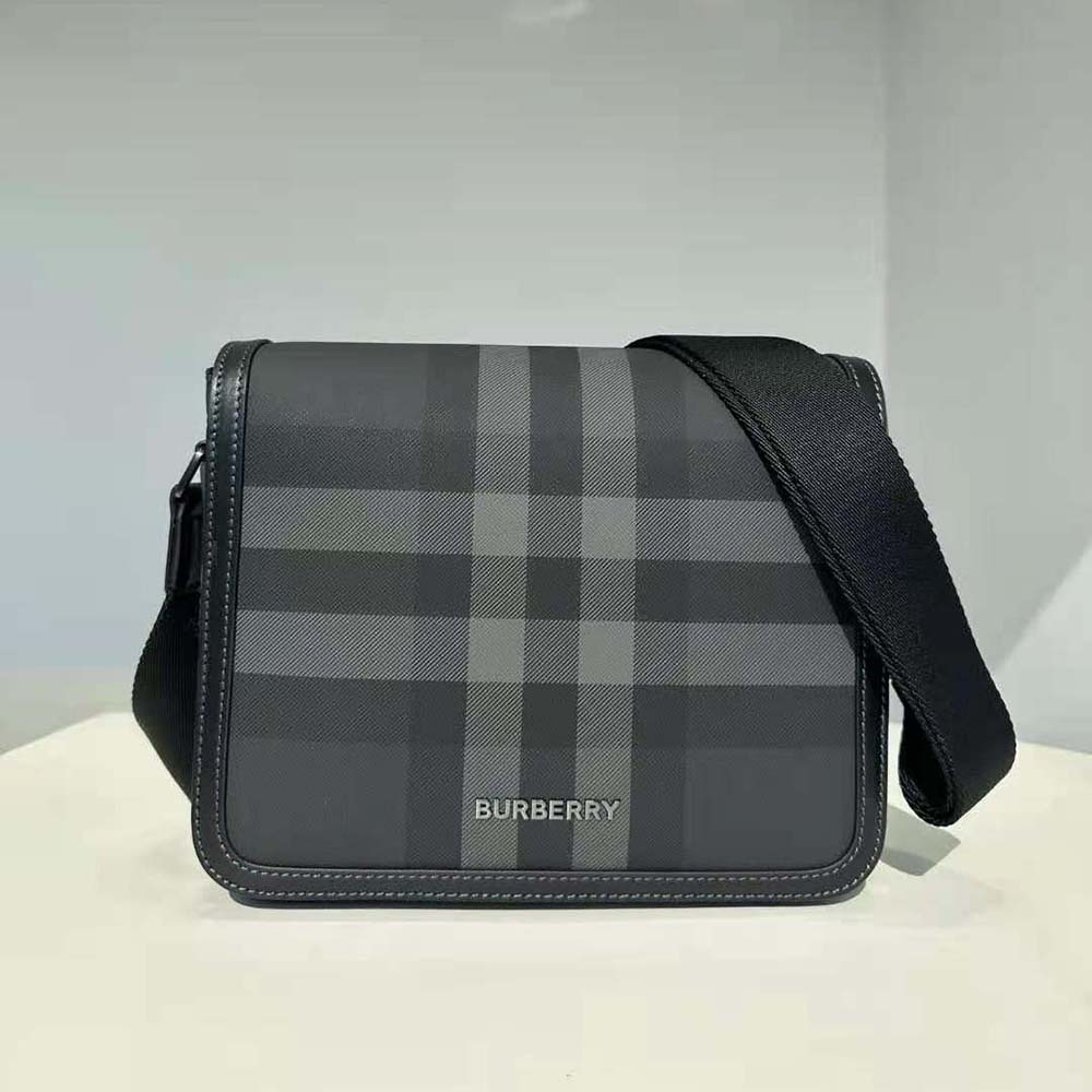 Side profile showing adjustable strap and antique gold hardware on Burberry bag