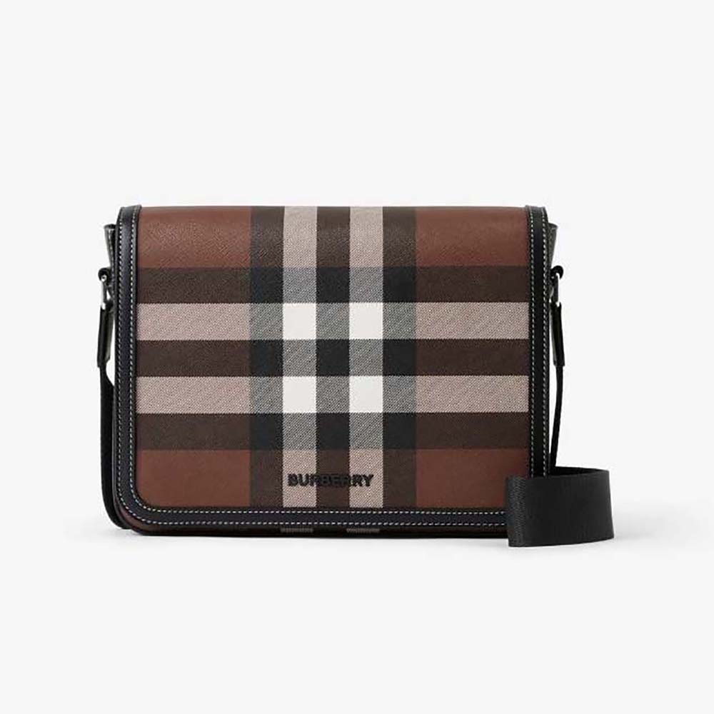 Front view of Burberry Men Small Alfred Messenger Bag-Brown flap open