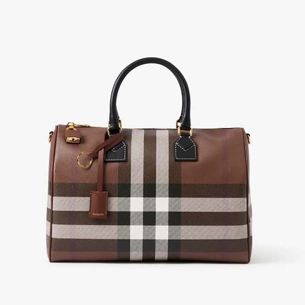 Front view of Burberry Women Check Medium Bowling Bag-Black showing check pattern