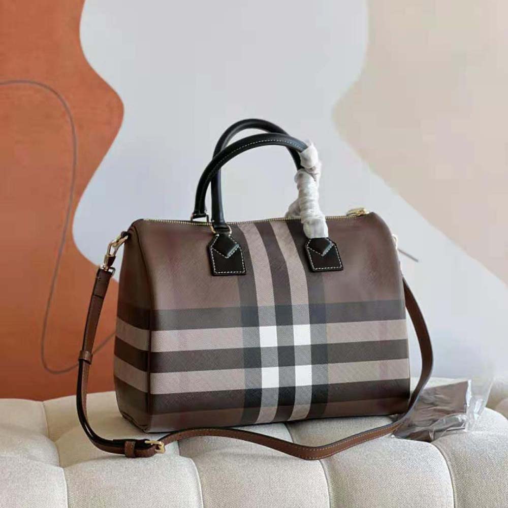 Side angle of Burberry Women Check Medium Bowling Bag-Black highlighting silhouette