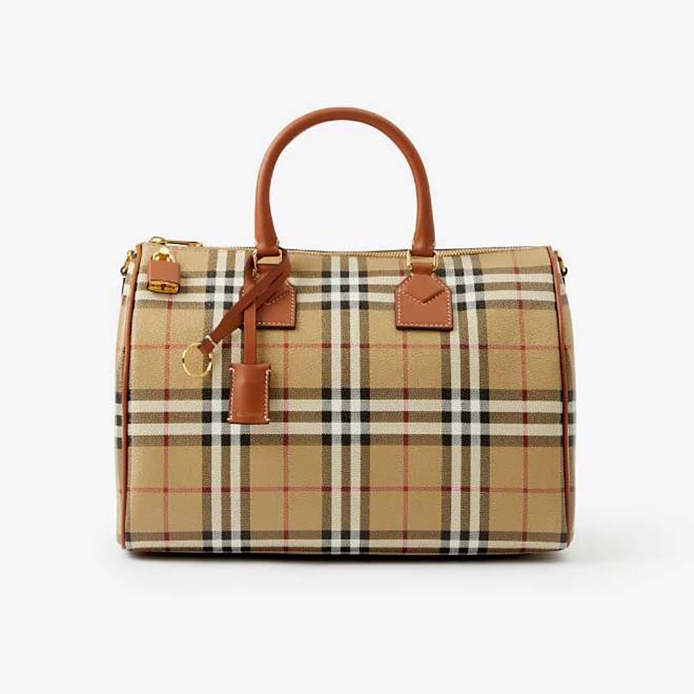 Front view of Burberry Women Check Medium Bowling Bag-Brown with leather trim
