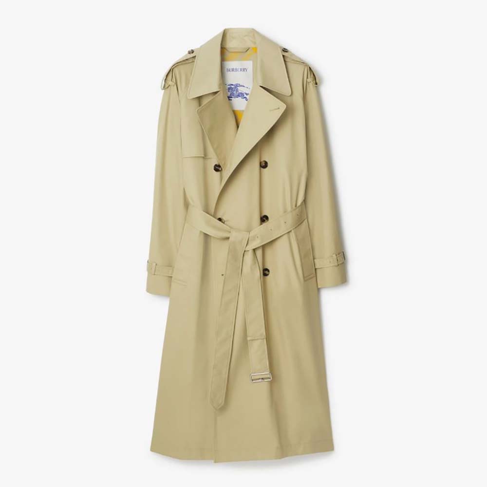 Front view of Burberry Men Long Castleford Trench Coat-Beige with belt