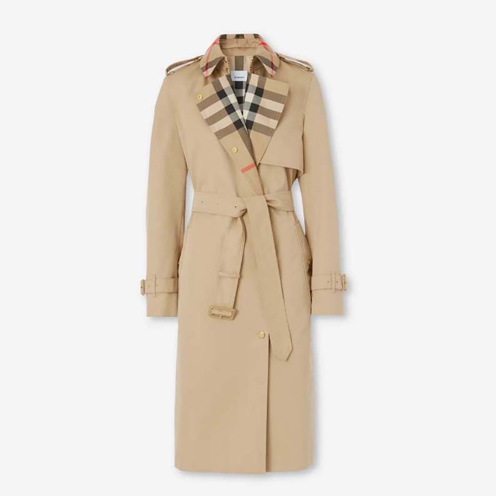 Front view of Burberry Women Long Check Collar Trench Coat-Beige showing tailored silhouette