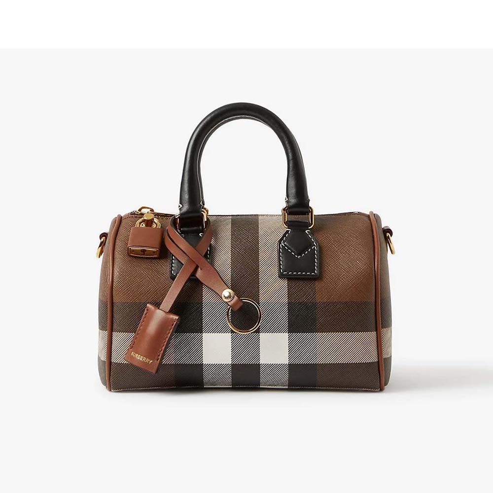 Front view of Burberry Women Mini Check Bowling Bag-Black showing mini check pattern