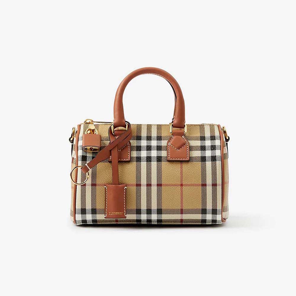 Front view of Burberry Women Mini Check Bowling Bag-Brown showing check pattern