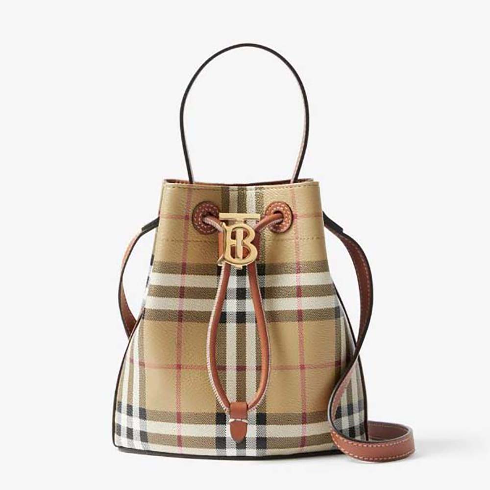 Front view of Burberry Women Mini TB Bucket Bag-Brown showcasing clasp