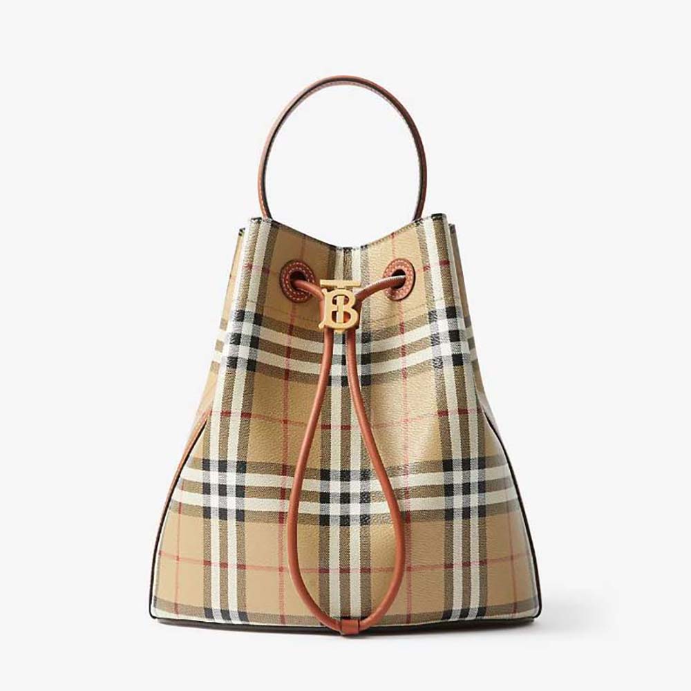 Front view of Burberry Women Small TB Bucket Bag-Brown with turn-lock closure