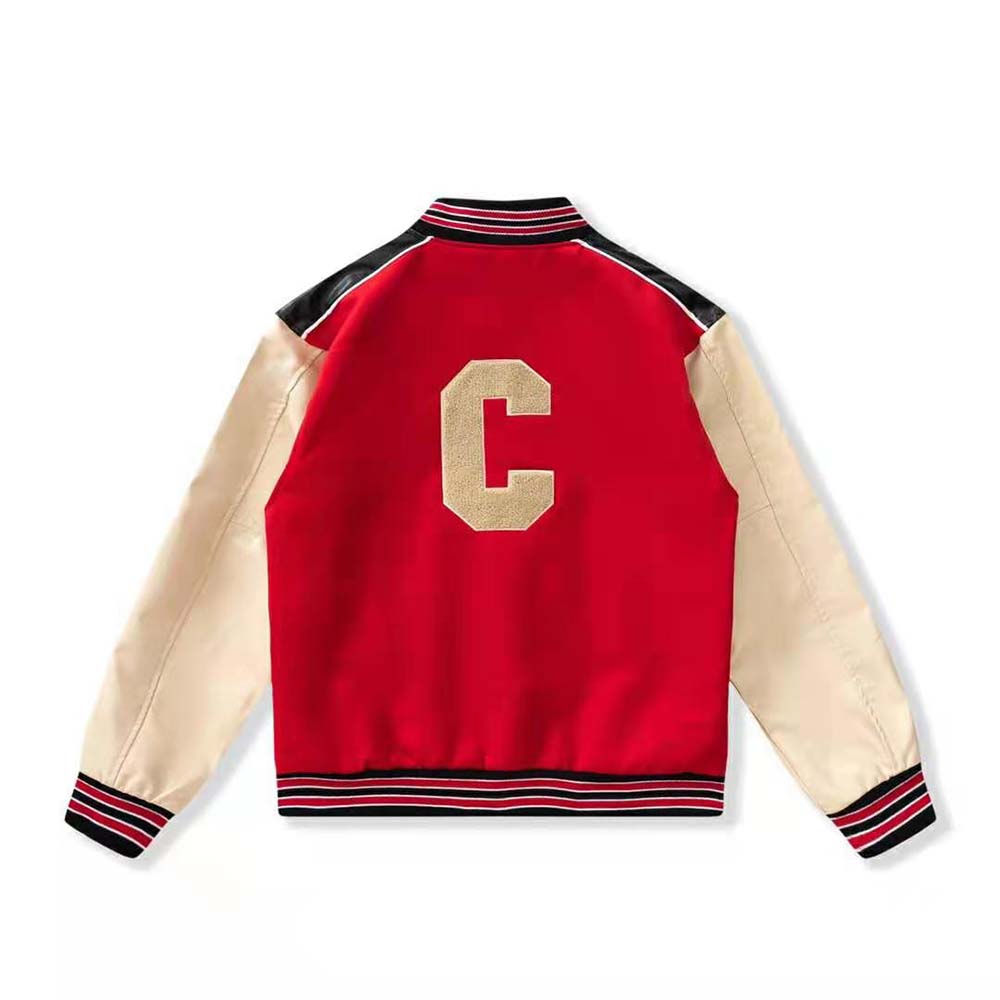 Side profile showing relaxed fit of Celine Women Classic Teddy Jacket red