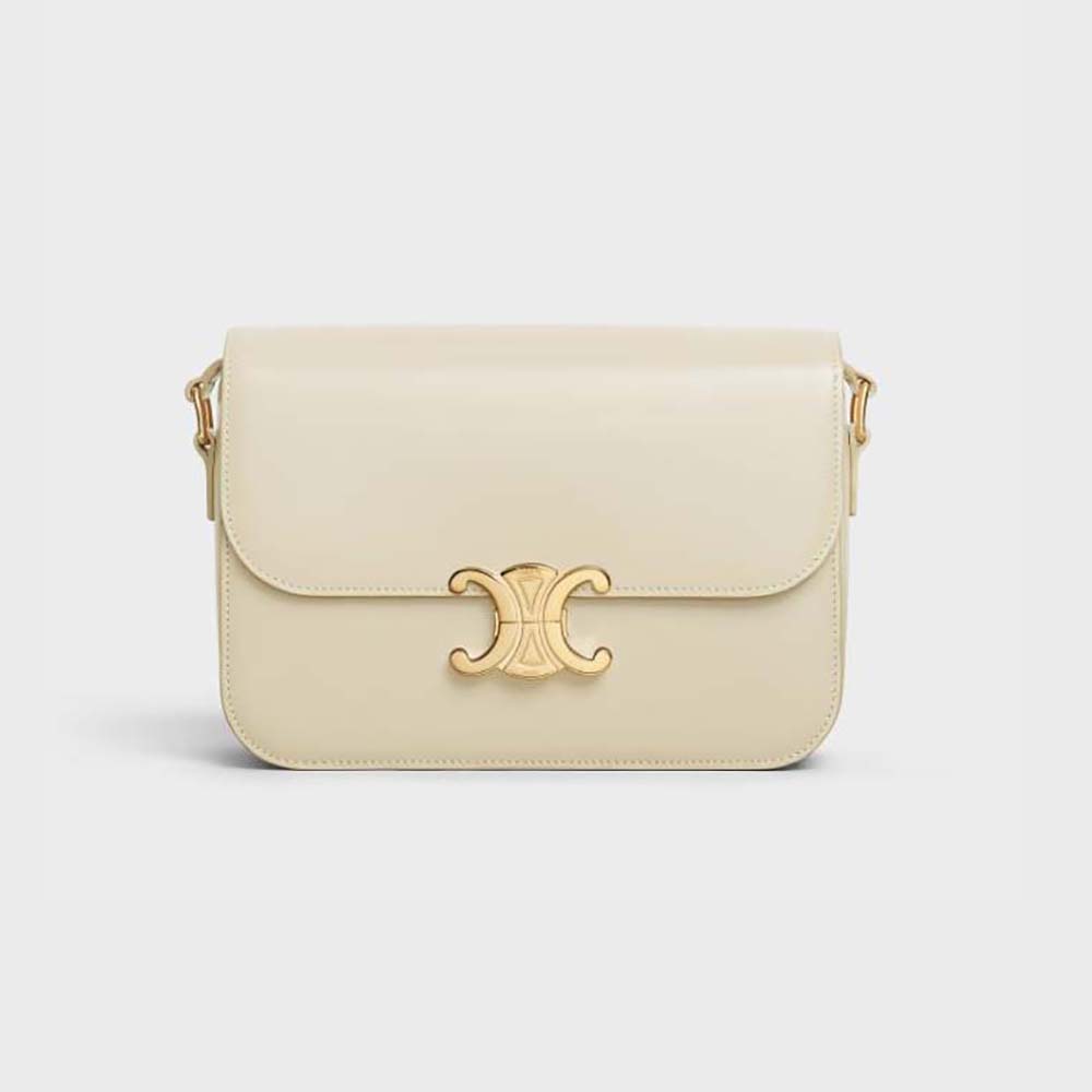 Front view of Celine Women Classique Triomphe Bag in Shiny Calfskin-Beige