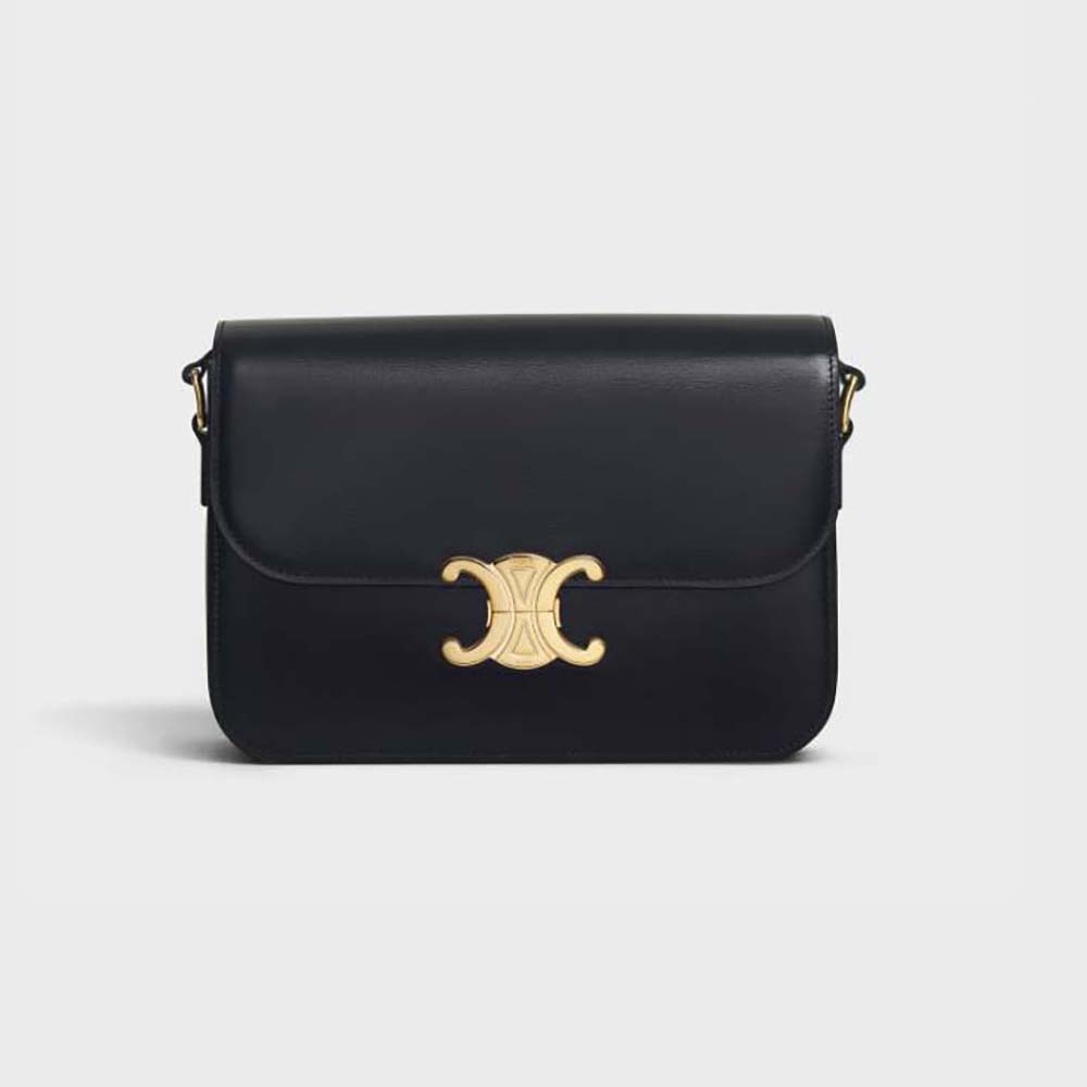 Front view of Celine Women Classique Triomphe Bag in glossy black calfskin