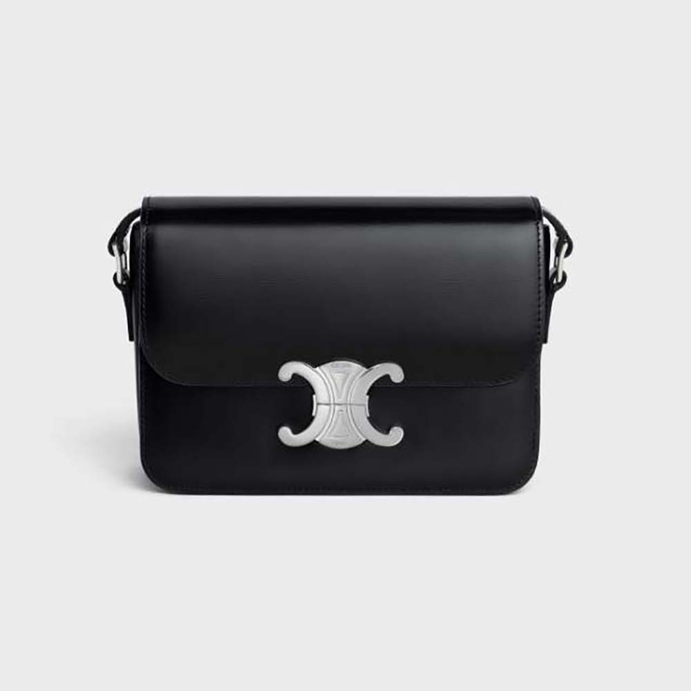 Front view of Celine Women Teen Triomphe Bag in shiny black calfskin