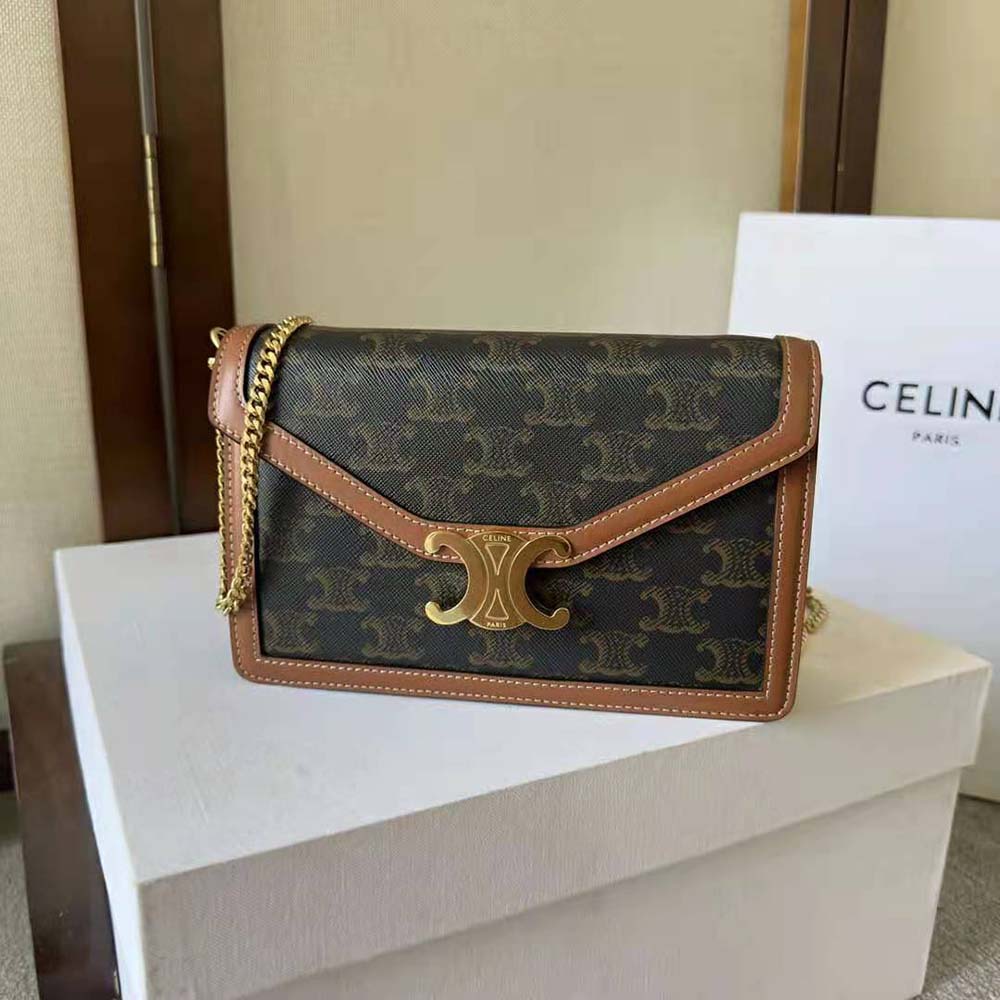 Close-up of gold Triomphe hardware on Celine Wallet on Chain Margo
