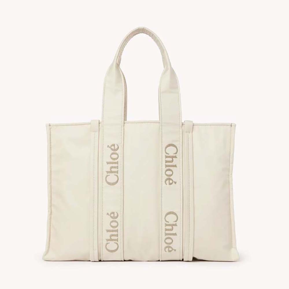 Front angle of Chloe Women Large Woody Tote Bag-White with handles