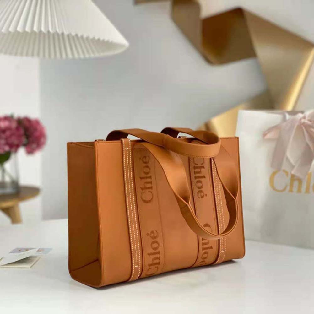 Overhead shot showing interior space of Chloe Women Medium Woody Tote Bag-Brown