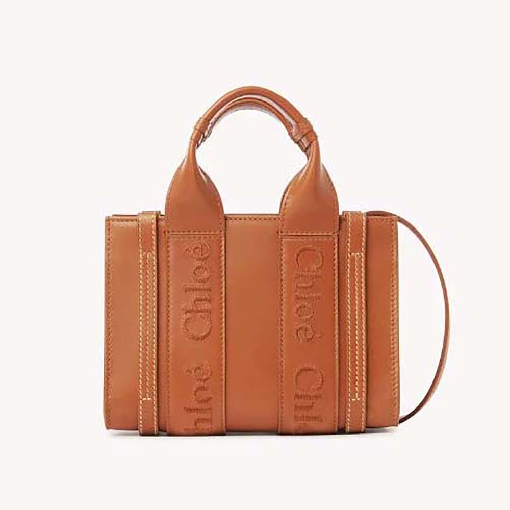 Front view of Chloe Women Mini Woody Tote Bag-Brown with wooden handles