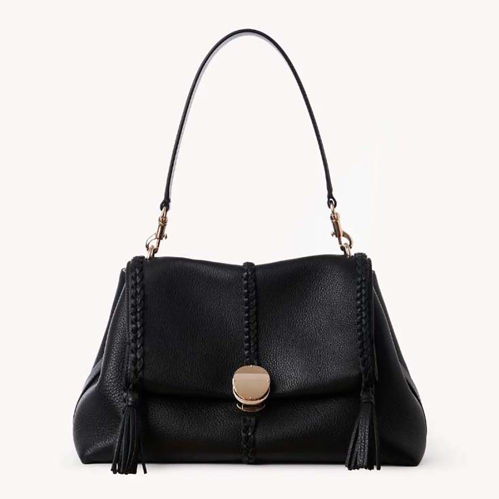 Front view of Chloe Women Penelope Medium Soft Shoulder Bag-Black with gold hardware