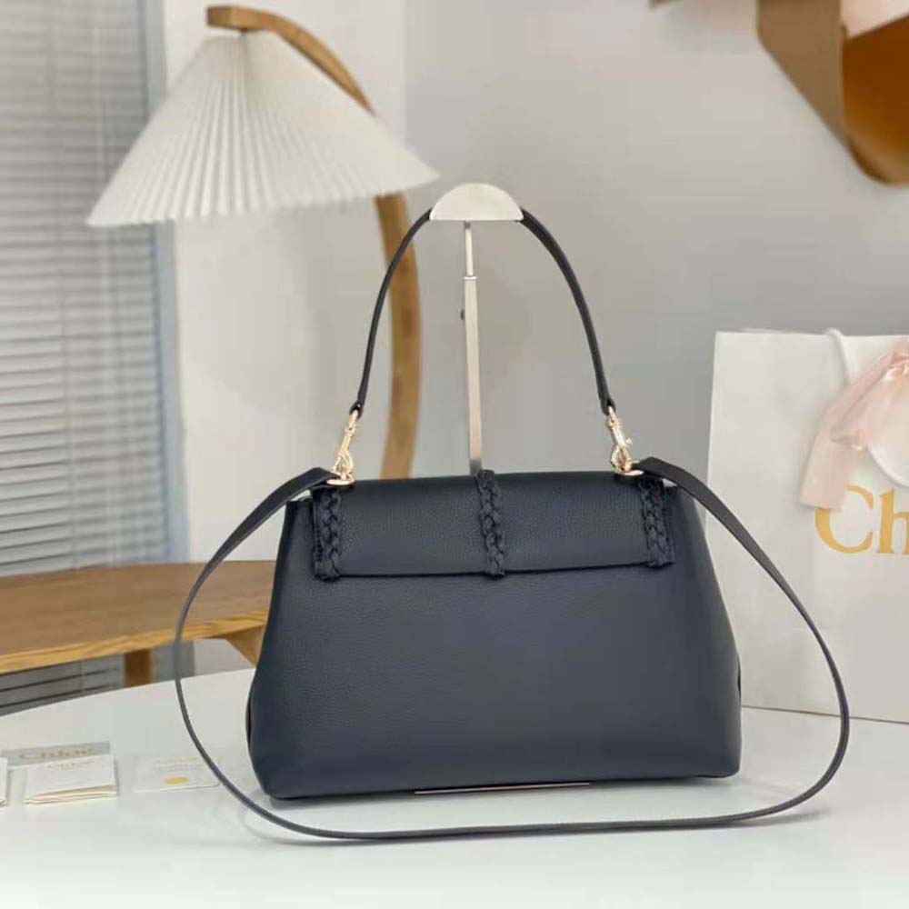 Side angle showing silhouette and leather texture of Chloe Women Penelope Medium Soft Shoulder Bag-Black