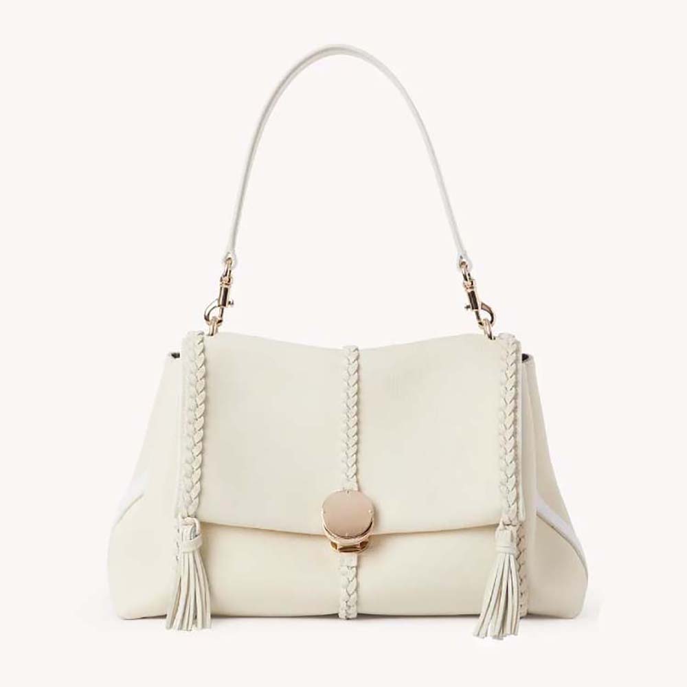 Front view of Chloe Women Penelope Medium Soft Shoulder Bag-White showing braided flap