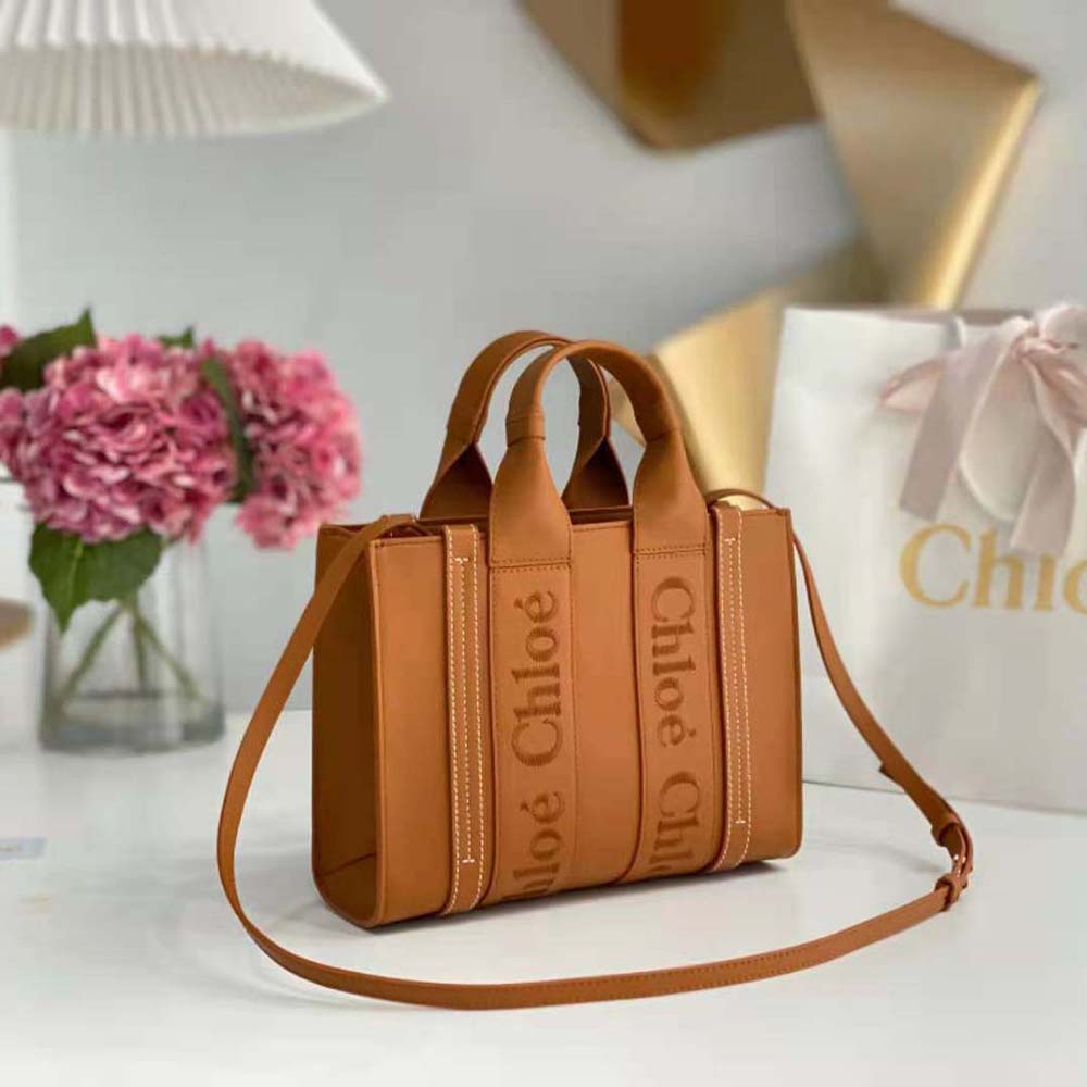 Side angle showing compact silhouette of Chloe Women Small Woody Tote Bag-Brown