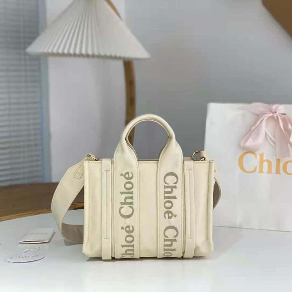 Close-up of gold-tone hardware and white leather on Chloe Women Small Woody Tote Bag-White