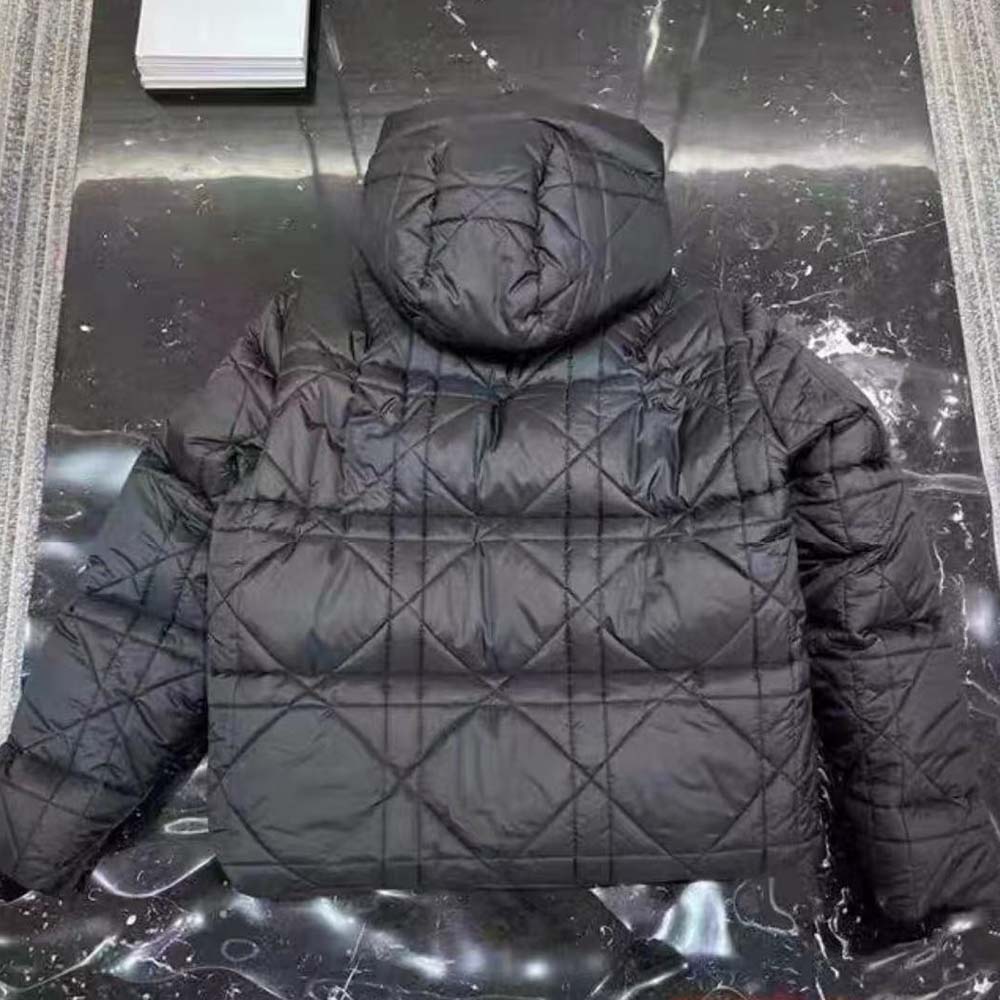 Side profile showing hood and zip closure on Dior Women Cannage Hooded Down Jacket